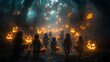 © Infinity88Design - 19. A group of children dressed in monster costumes, holding candy buckets, walking through a foggy forest filled with glowing jack-o'-lanterns and eerie lighting