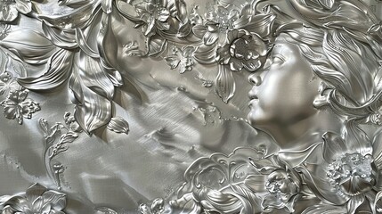 Wall Mural - A silver embossed metal wall art with a woman's face surrounded by floral designs.