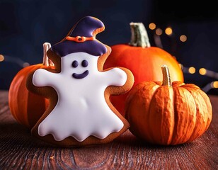 Beautiful gingerbread for Halloween and fresh pumpkin on the table