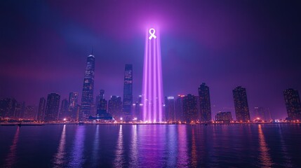 Wall Mural - Night skyline with purple beams symbolizing awareness.