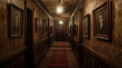 a dimly lit corridor in an old hotel, with portraits on the walls whose eyes seem to follow you