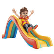 © Korngor - Happy child sliding down colorful playground slide. Joyful kid playing, having fun on vibrant playground equipment, isolated on white background.