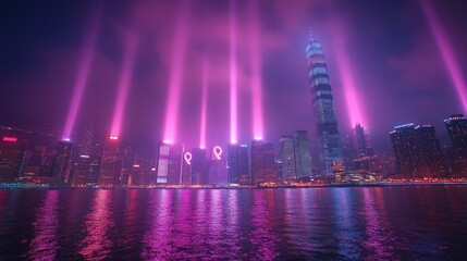 Wall Mural - City skyline illuminated with pink lights and beams at night.