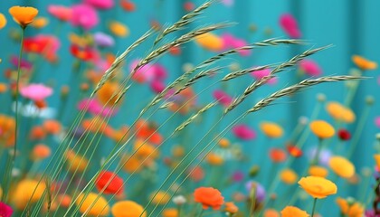 Wall Mural - Yellow grass field with a focused green plant against a blurred background.