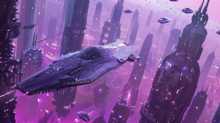 Poster - Futuristic Cityscape with Spaceships