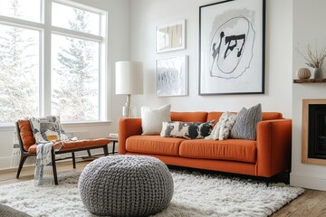 Photograph of a Scandinavian midcentury modern interior living room with a cushion and floor over a white wall and orange sofa with an art frame hanging from it. Generative AI