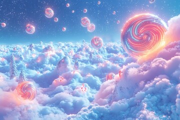 Wall Mural - Whimsical fantasy landscape with swirling pink clouds and glowing celestial orbs