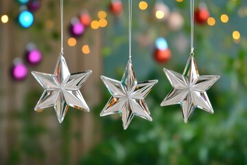 shiny silver star ornaments hanging amid colorful holiday lights and festive background bokeh