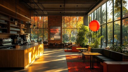 Wall Mural - Modern Cafe Interior with Autumnal Views