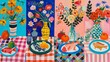 © Nadin Faust - naive art series of still life with flowers, tablecloths, plates with fish and fruits, bright colors like pink, blue, orange, yellow, green, and checkered patterns in the background