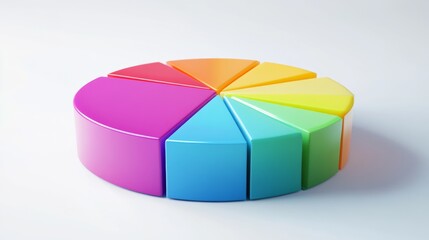 Fototapete - A colorful 3D pie chart with multiple segments, each section raised slightly to emphasize data distribution, set against a clean white background.