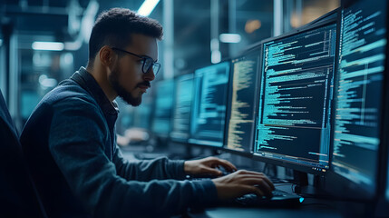 A skilled programmer works intently at multiple computer screens in a modern office environment during evening hours, focusing on complex lines of code