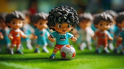 Cute, colorful soccer figurines on a green field, with a curly-haired character at the center, holding the ball and ready for action.