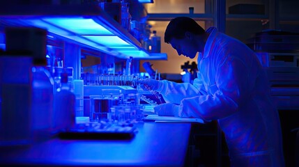 Scientist in a Laboratory Working with Test Tubes Under Blue Lighting