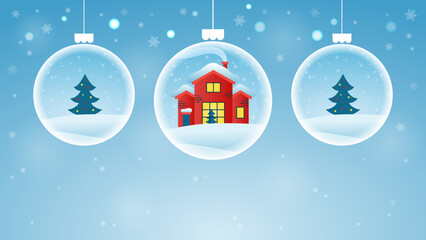 Wall Mural - Christmas balls with winter landscape. Holiday background