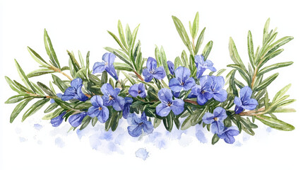 A beautiful watercolor illustration of big rosemary plant adorned with vibrant blue flowers, showcasing natures delicate beauty and charm