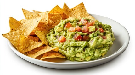 Wall Mural - Delicious guacamole dip paired with crispy tortilla chips, plated on a white background with vibrant green avocado and golden chips.