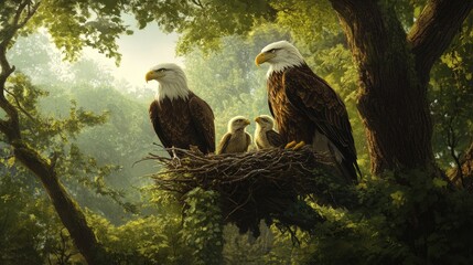 eagle family in a serene forest nest, surrounded by lush foliage, capturing the peace and nurturing 