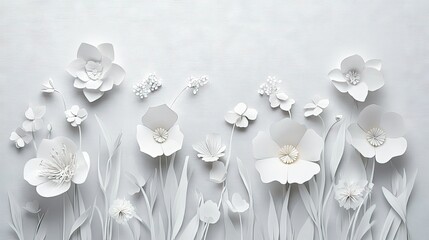 Wall Mural - elegant white paper cut spring flowers bloom on a light grey background, creating a soft and delicat