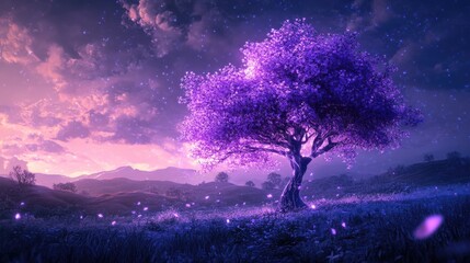 Wall Mural - Enchanting purple tree with glowing leaves, standing tall in a mystical, fantasy landscape