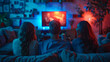 © Olga - Scary Movie Marathon, a group of friends sitting around a TV with popcorn, watching classic horror films, Halloween, with copy space