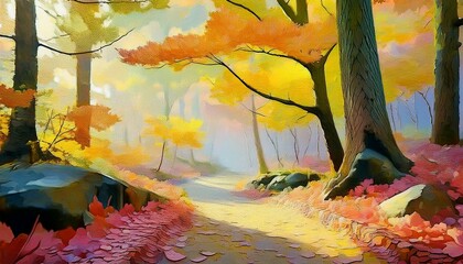 Wall Mural - A narrow dirt path winds through a dense forest filled with tall trees and the colorful leaves