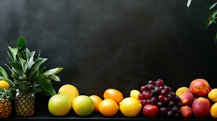 Canvas Print - Fresh fruits arranged next to an empty stand, creating an inviting product display space, ideal for showcasing additional items.