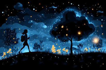Wall Mural - A woman is walking through a field at night, with a tree in the background