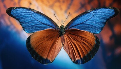  a close up of a butterfly wing's with blue and orange colors on it's wings