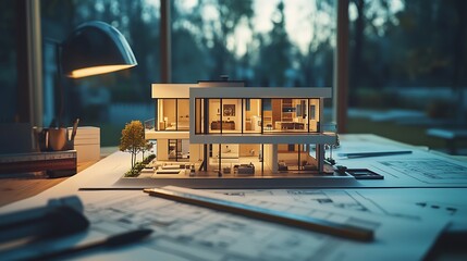 Detailed floor plan of a modern house on a clean, organized workspace with rulers and compasses under soft, natural lighting