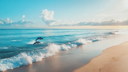 A clear shot of dolphins leaping out of the water near the shore, with the beach and ocean blending into the horizon.