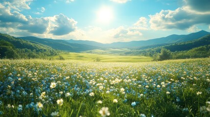 A vibrant meadow under a sunny sky, showcasing nature's beauty.