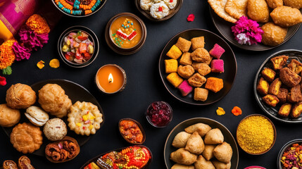 Festive Diwali Sweets and Decor on a Dark Background