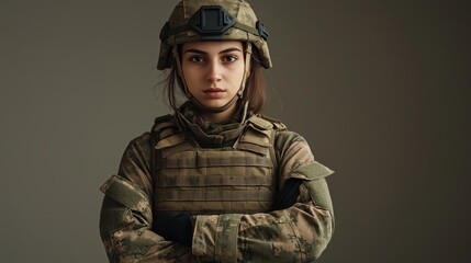 Wall Mural - Portrait of a Young Italian Female Soldier in Full Military Gear Standing Confidently Against a Neutral Background