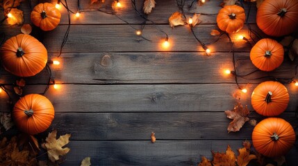 Wall Mural - Festive Fall Background with Pumpkins, Lights, and Leaves on Rustic Wood.