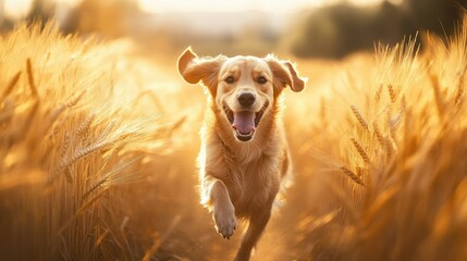 A dog running joyfully through a brightly lit wheat field, with the golden stalks waving as it races through the field.