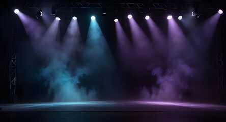 Wall Mural - Stage light background with blue and purple spotlight illuminated the stage with smoke. Empty stage for show with backdrop decoration.