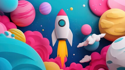 Kid flying through space in VR, colorful cartoon planets, sense of freedom and excitement, 3D illustration