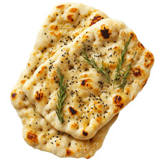 Freshly baked garlic naan with herbs on a plate isolated transparent