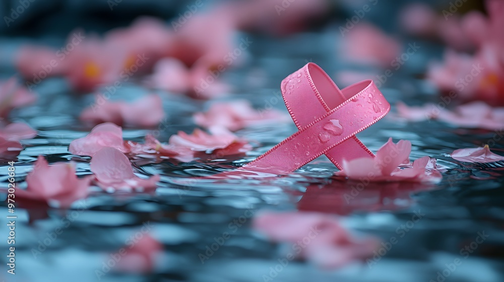 Pink ribbon floating in water with flower petals surrounding it ...