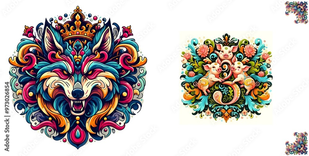 Colorful ornate rococo illustration of a big bad wolf logo with three ...