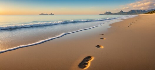 Serene beach landscape at sunset with blue and orange sky, golde