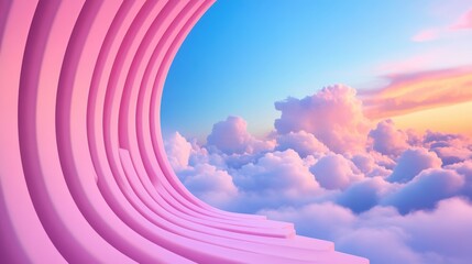 Wall Mural - A stadium built from smooth, iridescent metal, its surface reflecting the vibrant, swirling colors of a surreal, cloud filled sky, creating a shimmering, almost liquid effect.