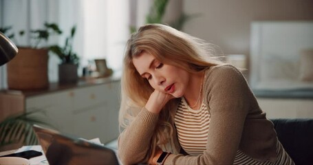 Poster - Woman, home and exhausted on laptop with documents for online research on school project as university student. Female person, learner and tired or burnout in bedroom at apartment for assignment