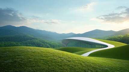 Wall Mural - A modern, sleek stadium with a flowing, organic roofline seamlessly blending into the surrounding hills.