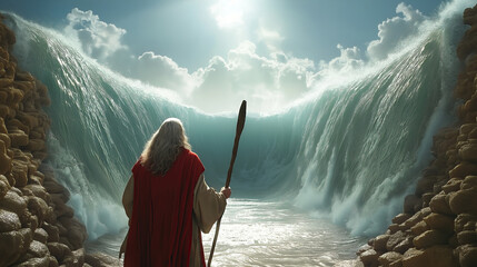 Moses parting the Red Sea, with towering walls of water 