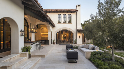 Poster - Stylish landscape design of the  luxury hotel courtyard in NApa California, the spanish colonial style building has opened air court yard with big tree and outdoor furniture area with arch corridor