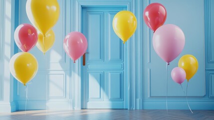 Wall Mural - Colorful balloons floating in a blue room with a closed door.