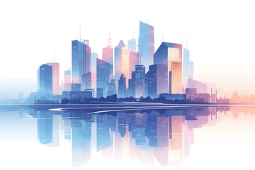 a digital illustration of a modern city skyline with skyscrapers reflecting in the water.