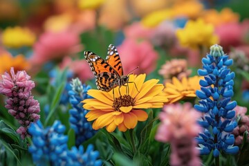 Poster - Butterfly on a Yellow Flower in a Colorful Garden